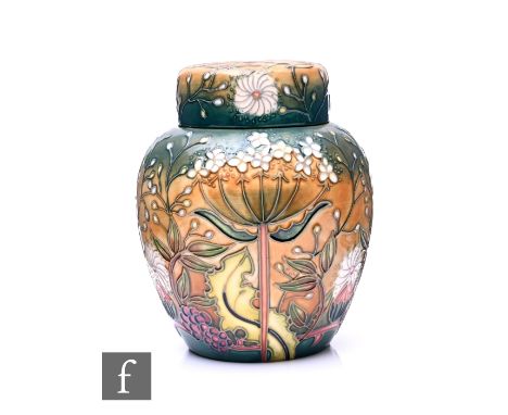 Rachel Bishop for Moorcroft Pottery, a Trial Ryden Lane ginger jar and cover, circa 1998, tube line decorated with wildflower