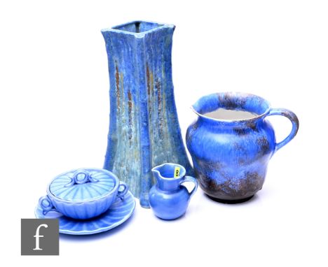 A Bretby bamboo range vase, matt dripped glaze in tonal blue, yellow and terracotta, height 29cm, together with an Empire War