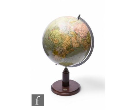 Amended description - An Art Deco 13 inch terrestrial desk or table globe by James Wellsworth, with aluminium mount and stain