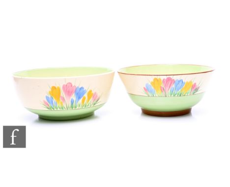 A Clarice Cliff Holborn shape fruit bowl circa 1938, hand painted in the Spring Crocus with Crocus sprays with graduated gree