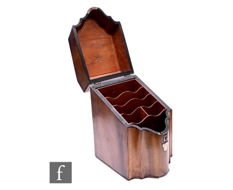 A George III serpentine front knife box, the later converted interior enclosed by a crossbanded and oval fan patera lid, heig