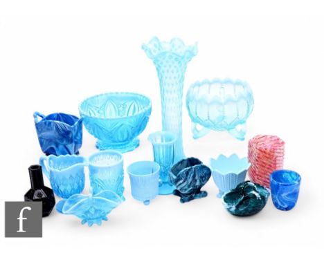 A collection of late Victorian pressed glass and pearline glass, including Davidson footed vase, Davidson twin handle basket,