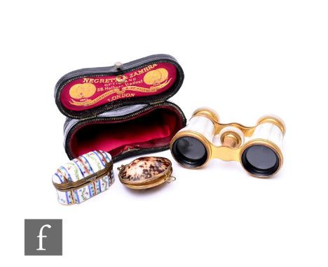 A pair of late 19th Century Negretti &amp; Zambra mother of pearl opera glasses complete with case, slight damage, together w