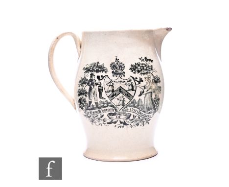 An early 19th Century Liverpool type creamware pitcher, transfer decorated with 'The Friendly Society of Cordwainers',&nbsp; 