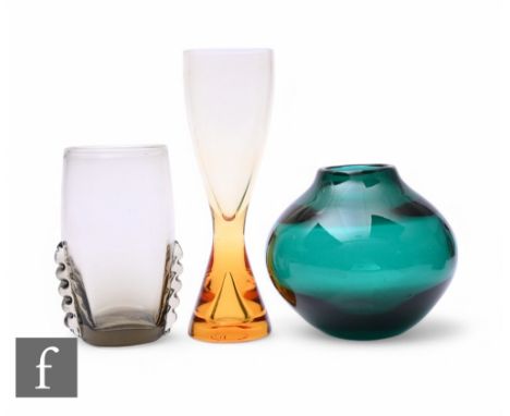 A Whitefriars shadow green shape no.9359 vase, of elongated barrel form with rigaree bands, height 15cm, together with a gold