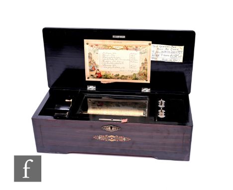 A musical box playing eight airs, serial no 28633, cylinder 15.5cm, floral inlaid lid rosewood case 41.5cm.