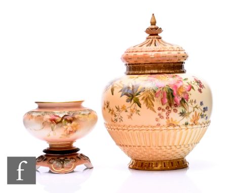 A Royal Worcester blush ivory pot pourri jar, circa 1907, of shouldered ovoid form, the lower body with moulded basketweave b