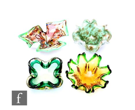 A group of mid Century Murano glass bowls, one of abstract form with multicoloured and silver leaf inclusion over green and w