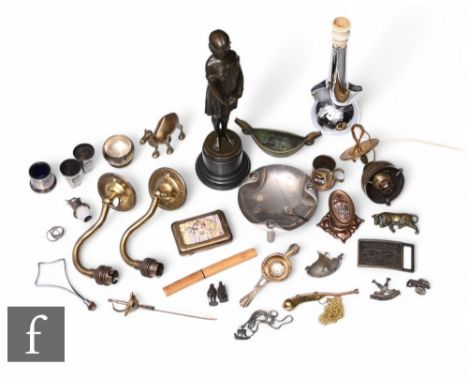 A late 20th Century bronze study of a girl with clasped hands, after Chiparus, height 34cm, a chrome candlestick and various 