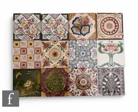 A collection of 19th Century 6 inch dust pressed tiles, printed and relief moulded florals, to include WTH Smith, J Meir & So