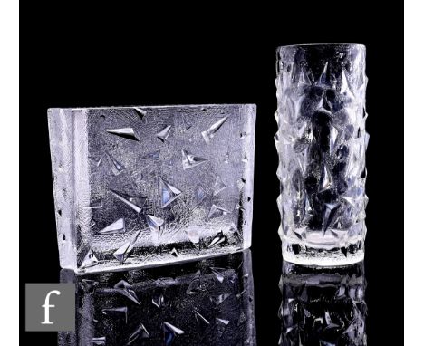 Vaclav Horacek for Podebrady, a cylindrical clear glass vase with abstract geometric pattern design, with a similar clear jar