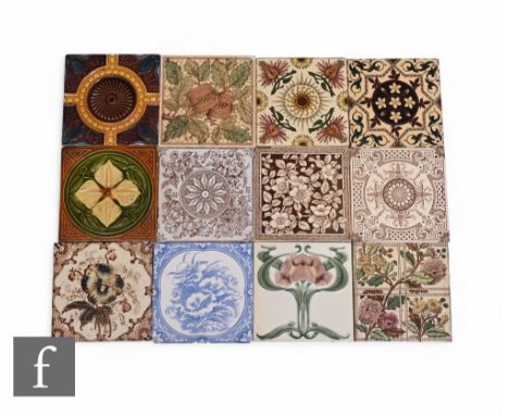 A collection of late 19th Century 6 inch dust pressed tiles, printed moulded and faux tube lined florals, including Decorativ