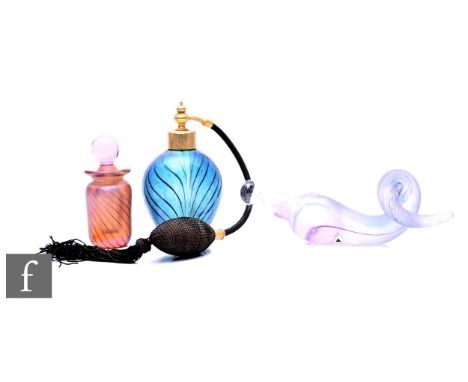 A Stuart Akroyd Perfume flask, matt glass with purple trails, horizontal scroll form, length 19cm, together with a Glasform i
