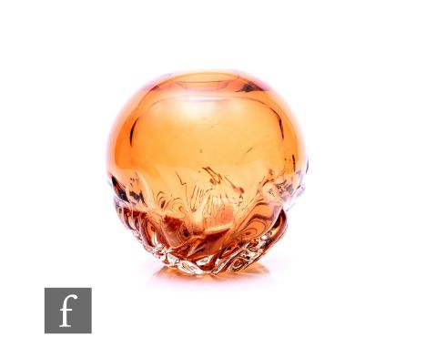 Frantisek Vizner for Skrdlovice globular glass vase in amber brown colour with abstract textured and pulled design to lower b