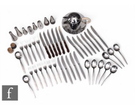 An Italian Alessi chrome teapot with a part canteen of cutlery and condiments. (qty)