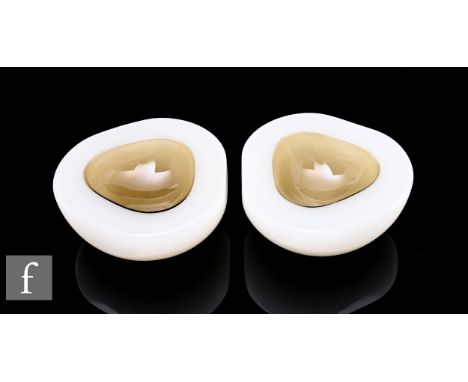 A pair of post war Italian glass triform bowls, attributed to Seguso, in opal with smoky brown colour interiors, length 11cm.