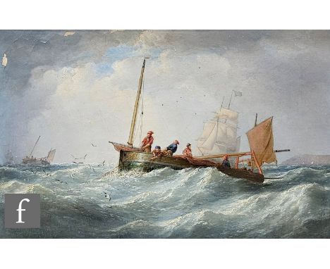 Circle of&nbsp;John Wilson Carmichael (1800-1862) - A small fishing boat caught in a swell with fishermen drawing in the nets
