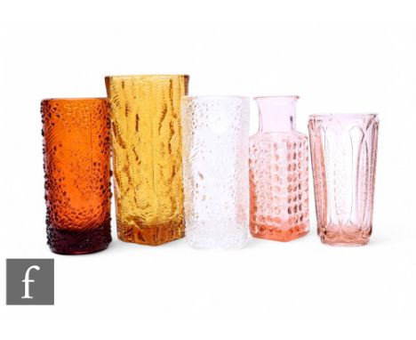 Jiri Brabec for Rosice, two cylindrical glass vases with moulded abstract design, in amber and clear colours, pat 5144, with 