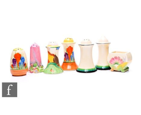 A collection of 1930s Clarice Cliff salt and pepper pots to comprise a Muffiner shape pair with black and green banding, a si