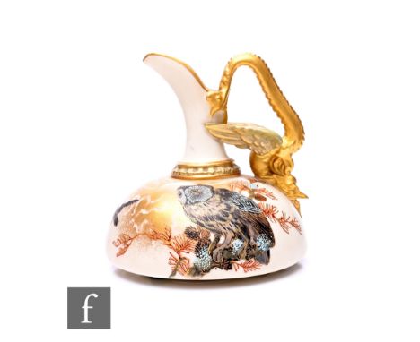 In the manner of Charles Baldwin for Royal Worcester, an owl painted ewer, circa 1886, of domed form with drawn tusk spout an