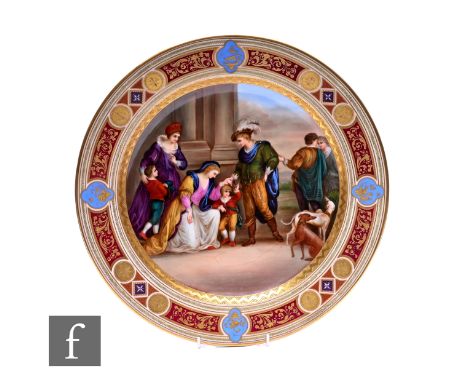 A late 19th Century Vienna porcelain charger, 'Konig Karl V von England', painted with figures and hunting dogs in portico an