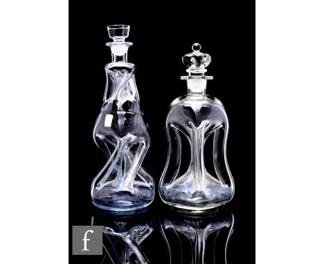 A post war Holmegaard clear crystal Kluk Kluk decanter with a double wrythen body and neck, retains partial original label, h