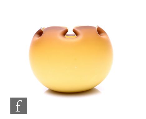 Stevens and Williams (attributed), a satin cased bowl of spherical form with angular crimped rim, graded chestnut brown to oc
