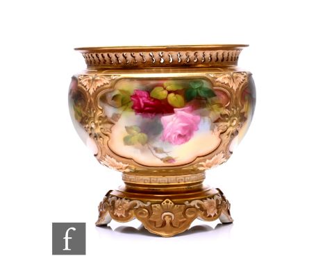A Royal Worcester rose painted pedestal bowl, circa 1917, of circular form with reticulated rim ogee bracket fixed stand with