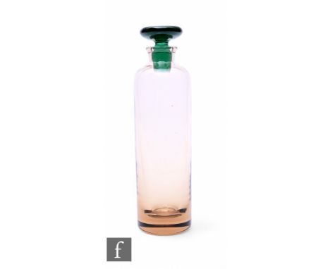 A mid Century Vicke Lindstrand for Kosta Boda glass decanter of cylindrical form in amber colour with short collar, with gree