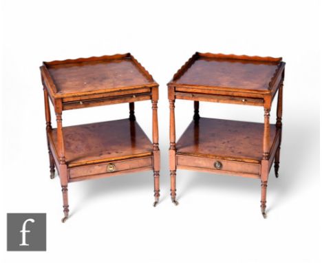 A pair of line inlaid burr elm and walnut veneered night stands in the Georgian style, the quarter veneered tops with shallow
