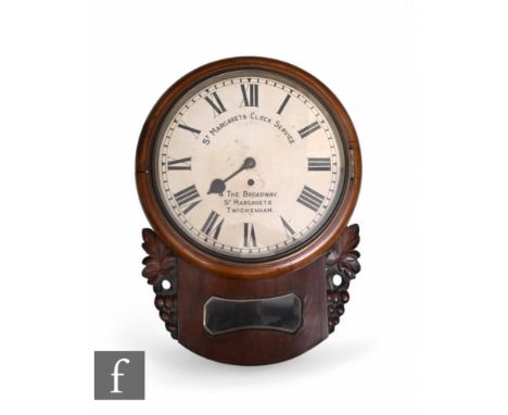 A late 19th Century mahogany cased drop dial wall clock, with eight day single fusee movement, the painted dial named 'St Mar