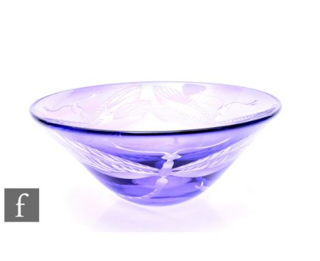 Julia Linstead, a Scottish studio amethyst glass bowl, with etched and stained dragonfly motifs, engraved signature, diameter