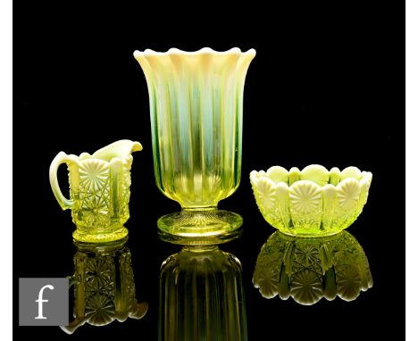 A group of late 19th Century Davidsons uranium Pearline glassware, including Brideshead celery vase and Lady Chippendale jug 