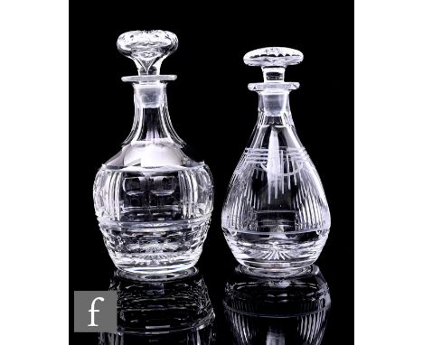 A 1930s Harbridge cut glass decanter of baluster form with abstract engraved design to shoulder and linear decoration to body