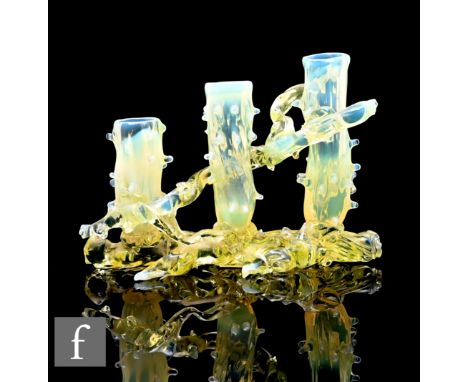 A John Walsh Walsh rustic straw opal and uranium glass rustic thorn posy vase, triply tubular form conjoined with meandering 