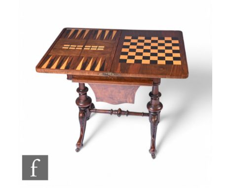 A Victorian walnut games/work table, the rectangular swivel top inlaid with a band over micro mosaic detail over a chess, bac