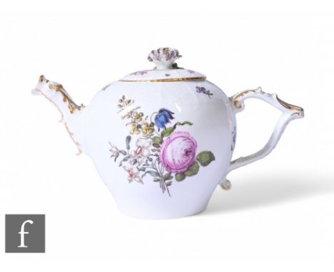 A Meissen teapot, circa 1750 of compressed ovoid form, basketweave shoulders, double scroll handle and dolphin mask spout, th