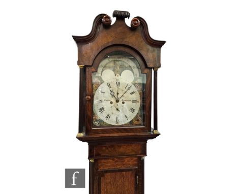 A mid 19th Century mahogany crossbanded oak longcase clock by Bibley Birmingham, painted arch dial and moon phase with eight 