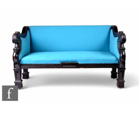 A Victorian bench settle, with exposed mahogany scroll arms and capitals, upholstered in turquoise blue fabric and raised ree