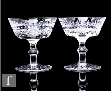 A group of six Waterford crystal Tranmore pattern coupe glasses on knopped stems, all with acid marks, height 11.5cm.