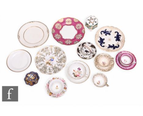 A collection of 19th Century tea ware to include a Rockingham tea cup and saucer, puce pink floral decorated border reserving