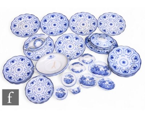 A Ridgeway's blue and white children's part dinner service, 'Humphreys' clock, transfer printed with scenes from Dicken's nov