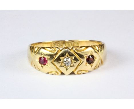 An antique 18ct yellow gold diamond and ruby ring (Chester hallmark c. 1899), (O).