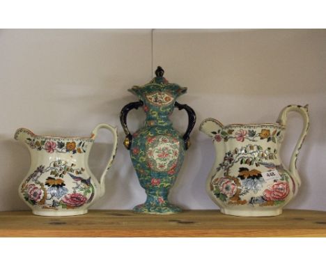 Two 19th century Ashworth Bros. Jugs and a 19th century hand painted vase and lid.