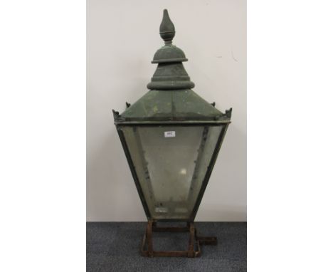 A large exterior wall mounted copper and glass street gas lamp shade, H 100cm