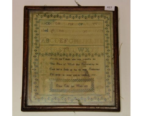 An early 19th century framed sampler dated 1820 by Eliza Ellis, 36cm x 40cm.