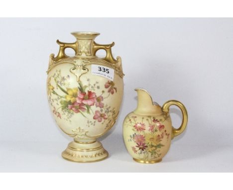 Two fine Royal Worcester hand painted blush ivory porcelain items, 21cm (vase) 12cm (jug).