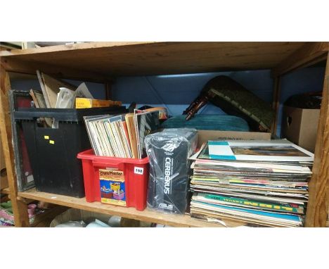 Shelf of assorted including LPs etc.