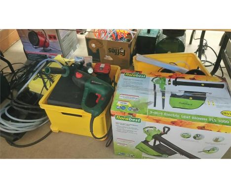 Large quantity of tools, including a leaf blower etc.