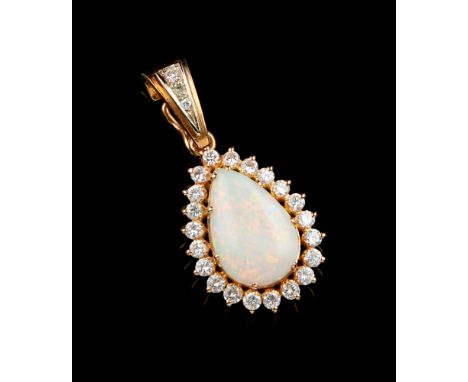 A pendant GoldSet with drop cut opal and 24 brilliant cut diamonds totalling approximately 1 ct.Mid-20th centuryUnmarked(wear
